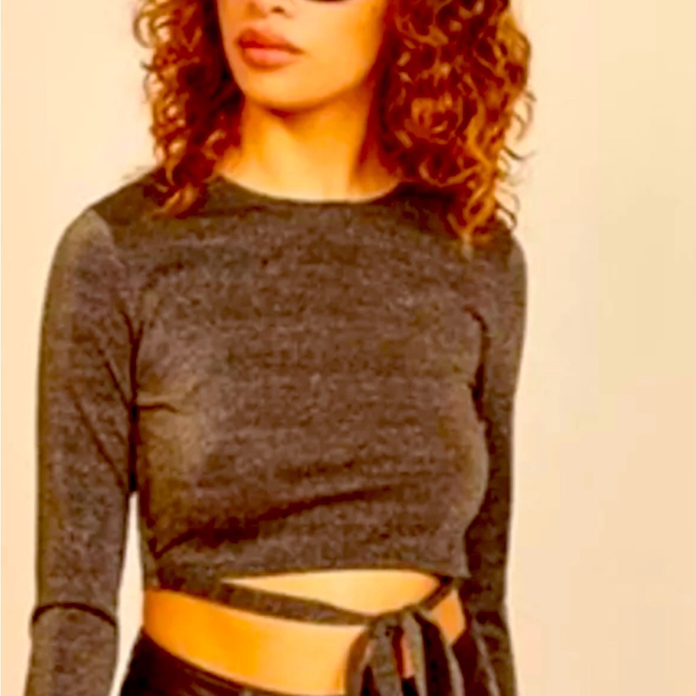 Haute Monde Gray Tie Front Crop Top